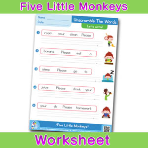 Five Little Monkeys Worksheets BINGOBONGO Unscramble the words 2