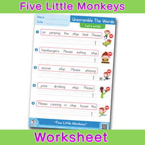 Five Little Monkeys Worksheets BINGOBONGO Unscramble the words 1