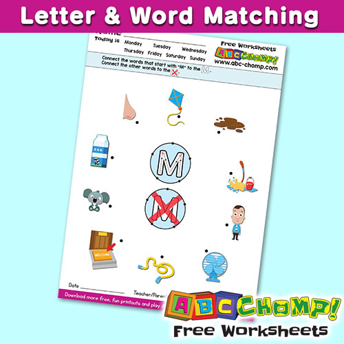 matching words and letters letter m abc chomp free printout bingobongo