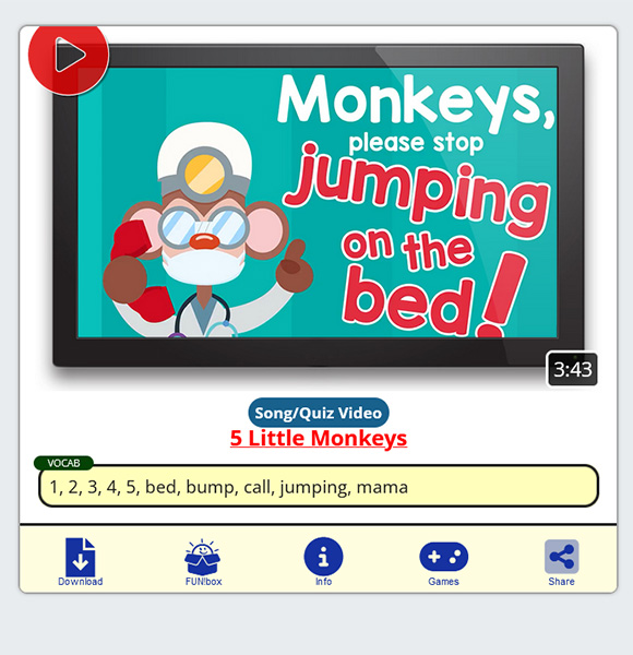 5 little monkeys jumping on the bed EFL ESL song